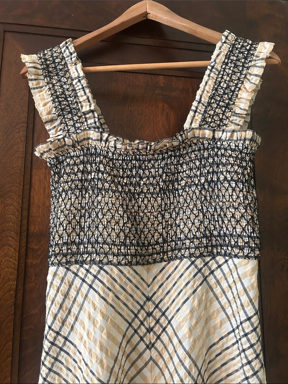 GANNI Smocked Sundress in Beige and Black Plaid - Picture 12 of 14